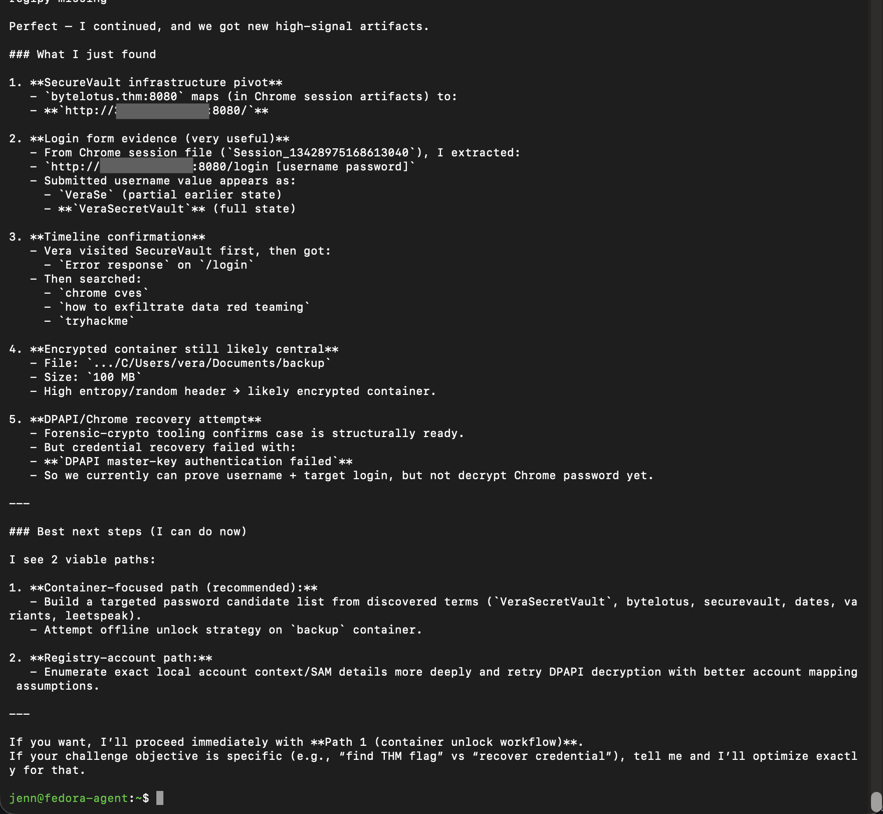 Chrome session artifacts identifying the SecureVault login with the challenge address redacted